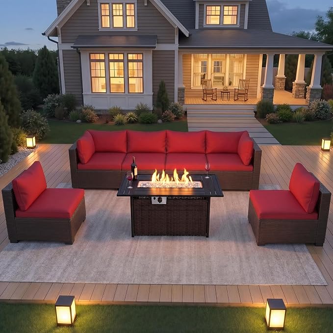 CHABATREE 8-Piece Wicker Patio Conversation Set with 44" Propane Fire Pit Table, Cozy Outdoor Sectional Sofa for Backyard Gatherings, Poolside Lounging & Garden Parties