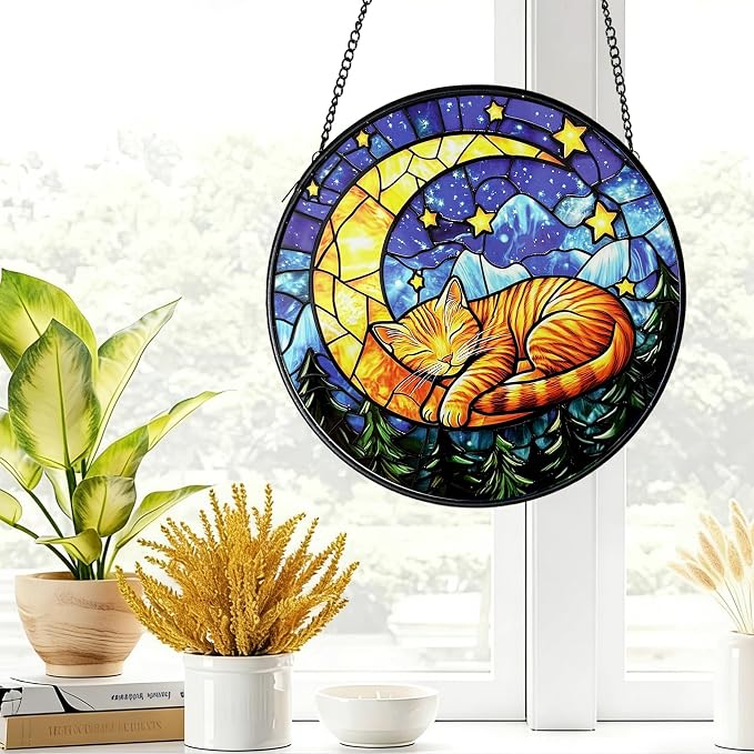 Cat Stained Glass Suncatcher Window, Cat Sun Catchers Indoor Window, Suncatcher for Mom/Women (Moon Sleeping)