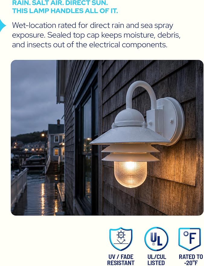 Nautical Outdoor Sconce Wall Mounted Light - Rust & Waterproof Non-Metallic Coastal Lantern - UL Listed Patio Deck Porch Front Door & Dock Lighting Fixture - USA Made, 13"x10", Matte White | Anti Rust Coastal Lighting, Dock Light - Clear Polycarbonate ...