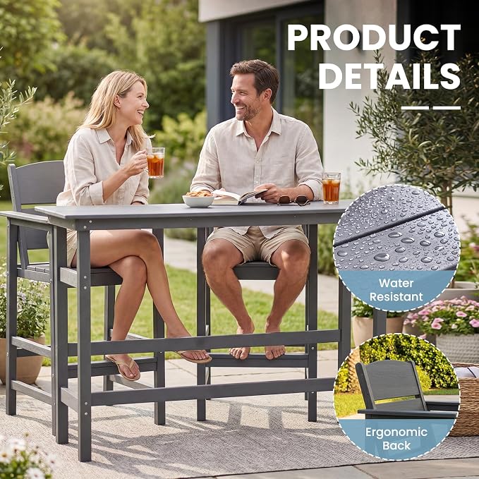 HDPE Outdoor Bar Height Chairs Set of 6, 28.5" Seat All-Weather High Top Patio Stools with Backrest, Heavy Duty Patio Bar Stools with Arms, High Top Outdoor Chairs for Deck/Party/Pool, Grey