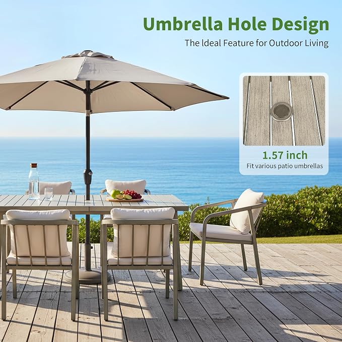 82"×35" Never-Rust Aluminum Outdoor Dining Table – Rectangular Patio Table for 8 Person with Umbrella Hole, Heavy Duty All-Weather for Poolside, Garden, Backyard, Porch, Deck, Gray Oak