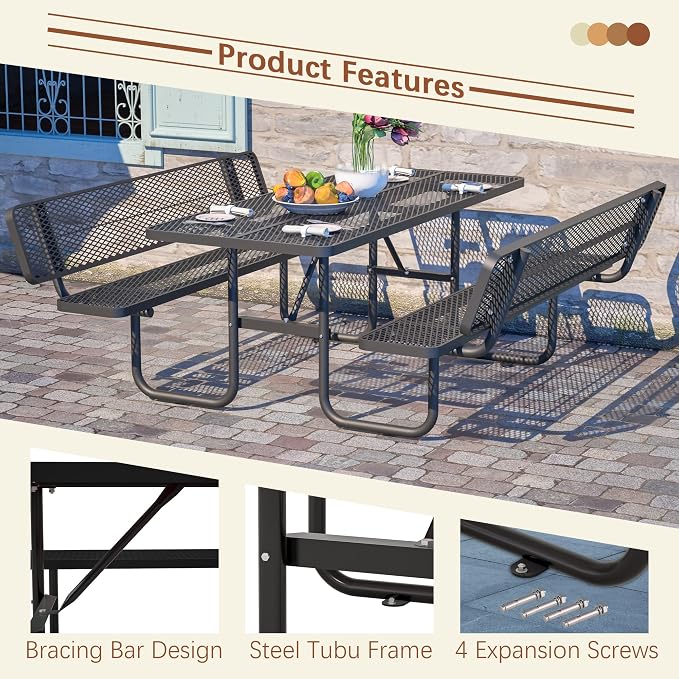 72'' Heavy Duty Outdoor Picnic Table with Backrest - Commercial Grade Rectangular Steel Picnic Table Set, Umbrella Hole, Rust-Resistant Metal Mesh Tabletop for Patio, Garden, Park, BBQ - Black