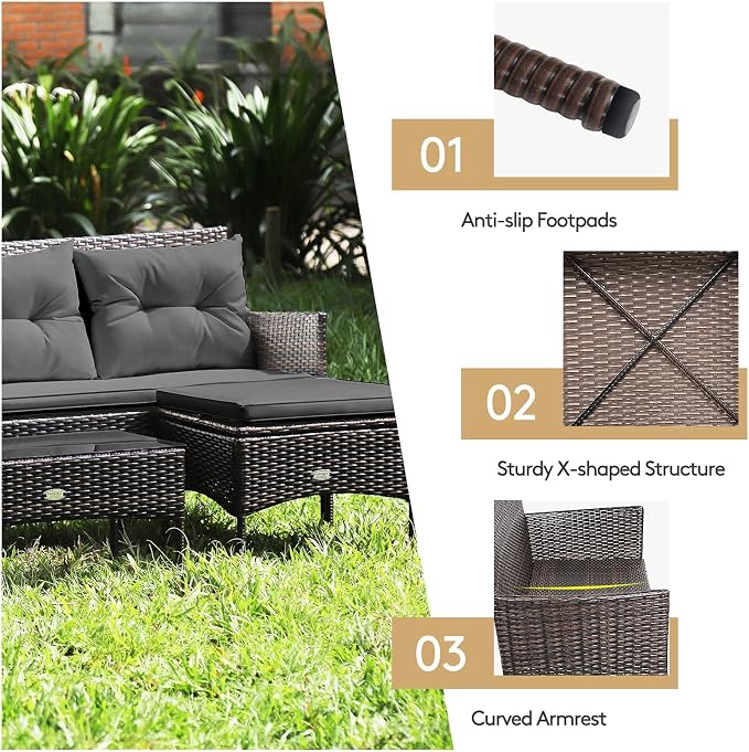 HAPPYGRILL 3 Pieces Patio Furniture Set Outdoor Rattan Conversation Set with Coffee Table, Seat & Back Cushions, Sectional Sofa Set for Poolside Balcony Backyard