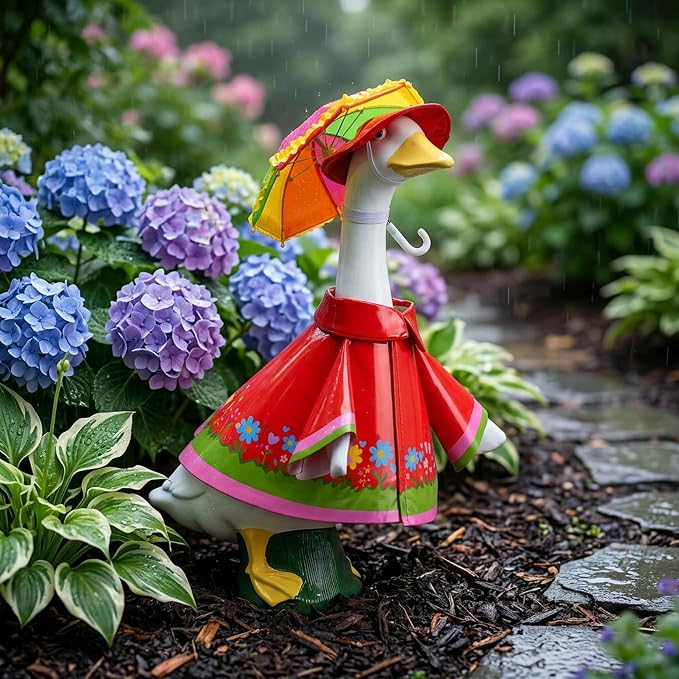 DECOHS 3 Pcs/Set Raincoat Porch Goose Outfits, Summer Lawn Goose Statue Costume with Rainbow Umbrella and Hat, Yard Geese Clothes for 23" Statue Patio Garden Decoration (Red Flower)