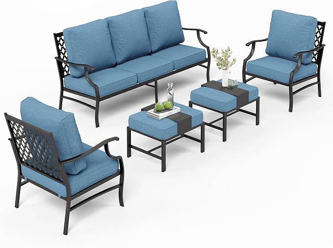MIXPATIO Patio Furniture Set 5 pcs, Outdoor Patio Furniture, 3-Seat Sofa, 2 Single Chairs, 2 Ottomans and 5.75" Extra Thick Cushion, Conversation Set for Backyard Deck,Navy Blue