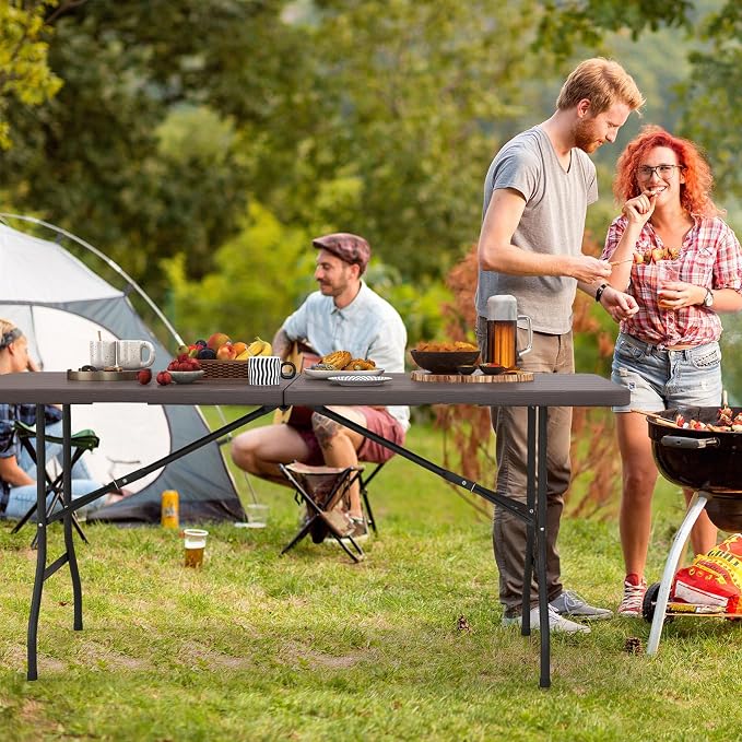 Giantex 6ft HDPE Folding Table, Outdoor Indoor Foldable Table with Metal Legs, Fold-in-Half Portable with Handle for Picnic, Camping, Banquet, Party Event (Brown)