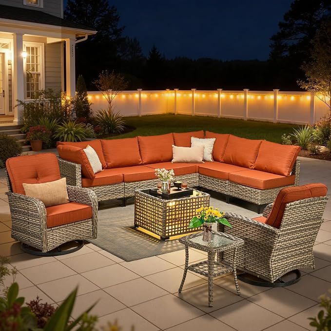 10 Pieces Outdoor Sectional Patio Furniture Set with Swivel Rocking Chairs, Wicker Conversation Sets Rattan L Shaped Couch, Modular Outdoor Sofa for Porch Balcony Backyard, Coarse Stripes Red