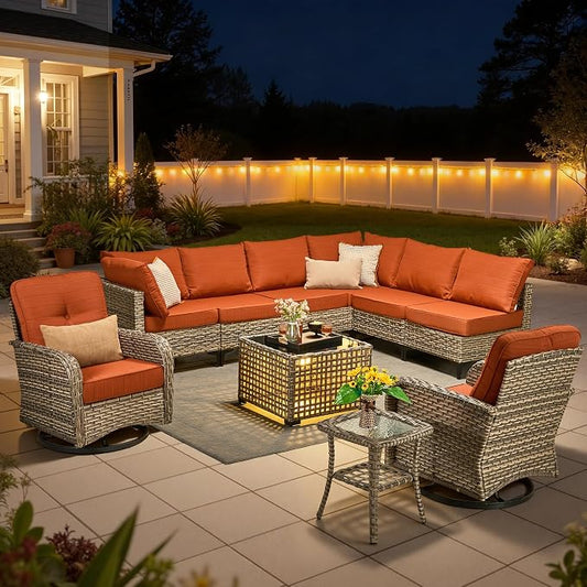 10 Pieces Outdoor Sectional Patio Furniture Set with Swivel Rocking Chairs, Wicker Conversation Sets Rattan L Shaped Couch, Modular Outdoor Sofa for Porch Balcony Backyard, Coarse Stripes Red