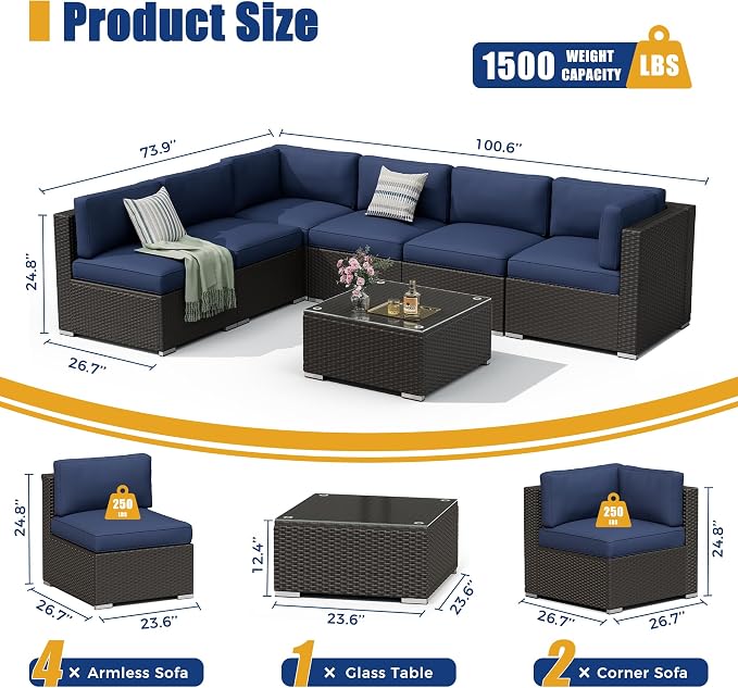 8 Pieces Outdoor Patio Furniture Set with Waterproof Cover, Black Brown Wicker Patio Sectional Sofa Set, Outdoor Couch with Cushion and Tempered Glass Table, Dark Blue