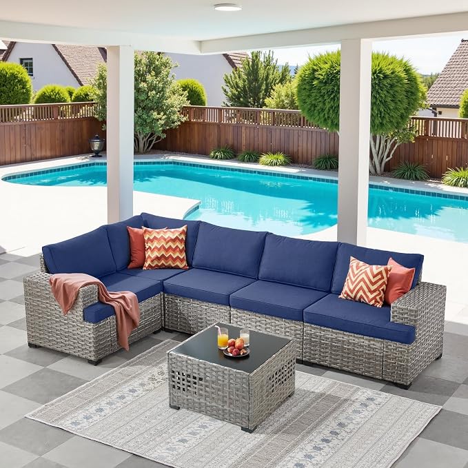 Belord 6 Piece Wicker Patio Furniture Set - 10" Wide Armrests Outdoor Sectional Couch, 5-Seater Modular Patio Conversation Set with Glass Coffee Table for Deck Sunroom Backyard