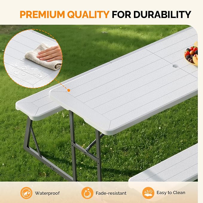 VINGLI Outdoor Picnic Table with Umbrella Hole, 6FT All Weather Metal Frame HDPE Tabletop Plastic Picnic Table for Dining Party Garden(White)