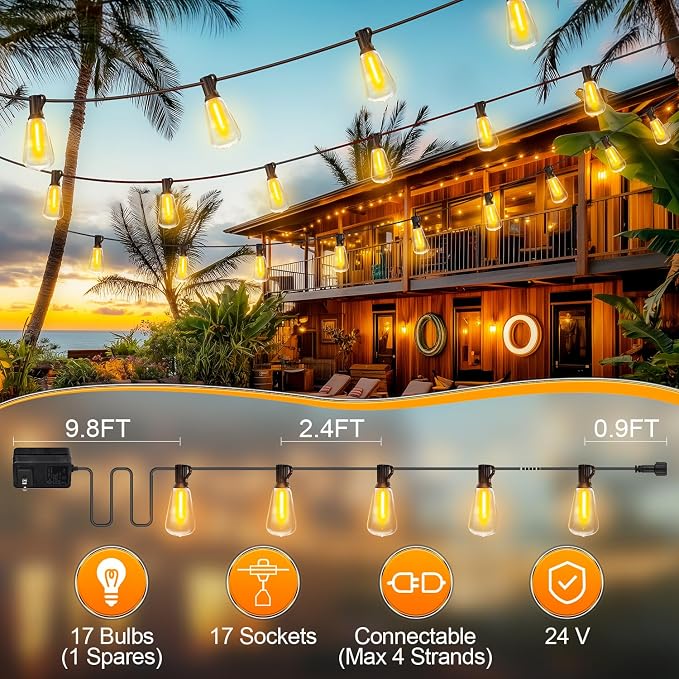 MGVIH Outdoor String Led Patio Lights - 50Ft 15M Outside Waterproof Light ST38 Shatterproof Bulb Connectable Hanging Outdoor Electric Lighting for Backyard Yard Gazebo Porch Party