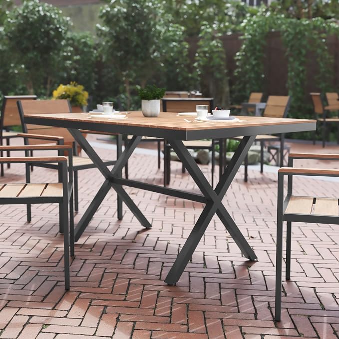 Flash Furniture Finch Commercial Grade X-Frame Outdoor Dining Table 59" x 35.5" with Faux Teak Poly Slats and Metal Frame, Natural/Gray