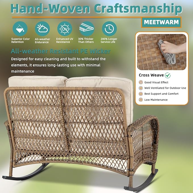 MEETWARM Double Rocking Chair, Oversized Outdoor Rocking Chair for 2 Person, Large Wide Wicker Patio Loveseat with Thick Cushion, All-Weather Rattan Comfy Loveseat Rocker for Patio Porch Deck, Brown