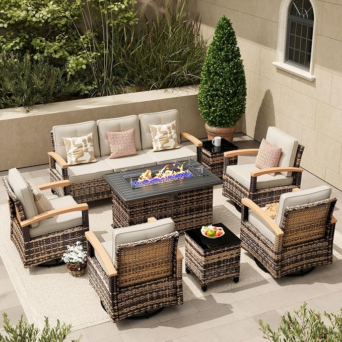 MEISSALIVVE 8 Pieces Patio Furniture Sets with Fire Pit Table, Wicker Outdoor Conversation Sets with 2 Swivel Rocker Chairs, 3-seat Sofa and Side Table(Beige)