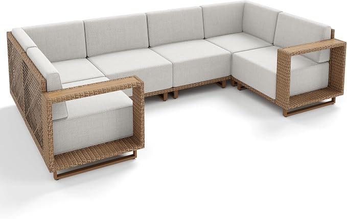 MIXPATIO Patio Sectional Furniture Set, 6 Piece U Shape Patio Couch Wicker Sofa, Yellow Rattan Modular Outdoor Conversation Set with 10" Extra Thick Cushions, Low Profile Deck Backyard Lawn Furniture
