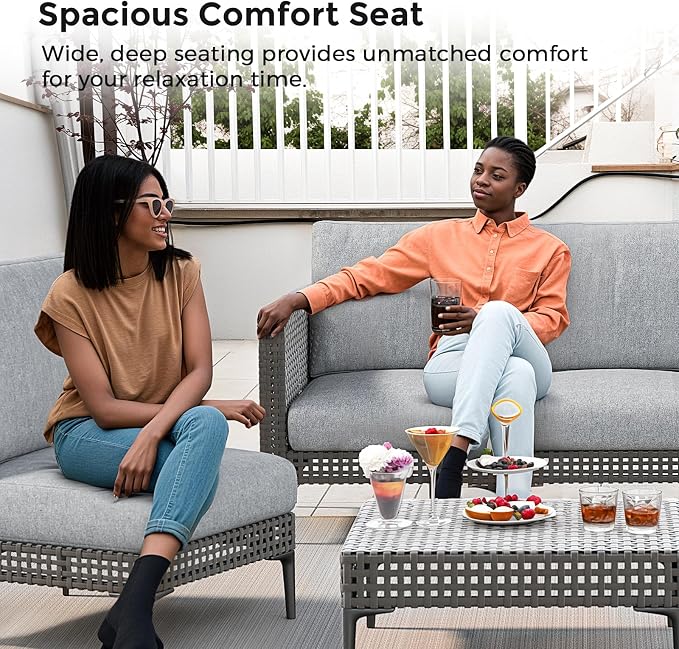 Jocoevol Outdoor Patio Sofa Conversation Set–Rattan 4 Seats Comfortable Couch for Garden, Yard, Weatherproof–Includes Glass Table, Armless Chairs, and Two-Seater Sofa