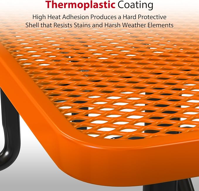 Leisure Craft Metal Picnic Table with Bench - 6 ft Rectangle Outdoor Dining Table for 6, Umbrella Hole, Weatherproof Heavy Duty Thermoplastic Coating, Commercial Grade Furniture Made in USA - Orange