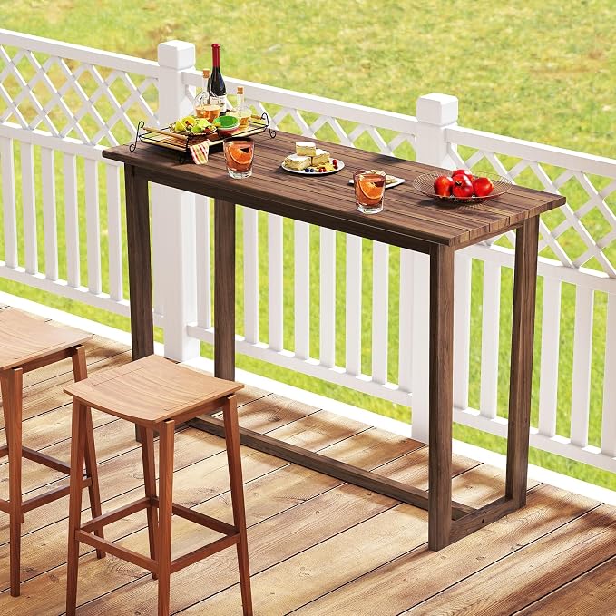 Tangkula 59 Inch Outdoor Bar Table, Teak Wood Rectangle Patio Bar Height Pub Table with Slatted Top, for Balcony, Garden and Poolside