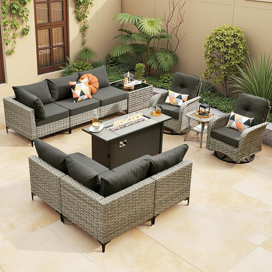 Outdoor Sectional Patio Furniture Set with Fire Pit Table,11 Pieces Rattan Wicker Conversation Sets L Shaped Couch,Out Door Furniture with Swivel Chairs Glowing Coffee Table,Black
