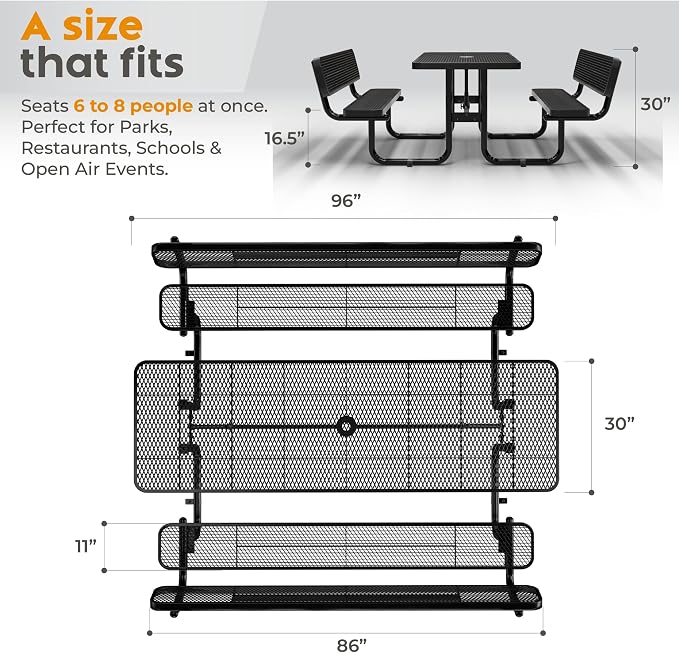 Commercial Heavy-Duty Metal Picnic Table (Black, 8' Rectangular with Back)