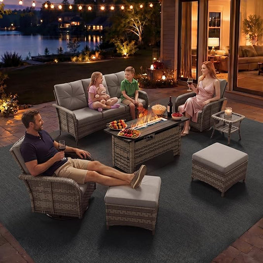 Aoxun 9-Piece Patio Furniture Set with 44” Fire Pit Table, Wicker Outdoor Sectional Sofa with High Back Swivel Rocker Chairs, Outdoor Patio Furniture Set with Thick Cushions & Ottoman, Grey