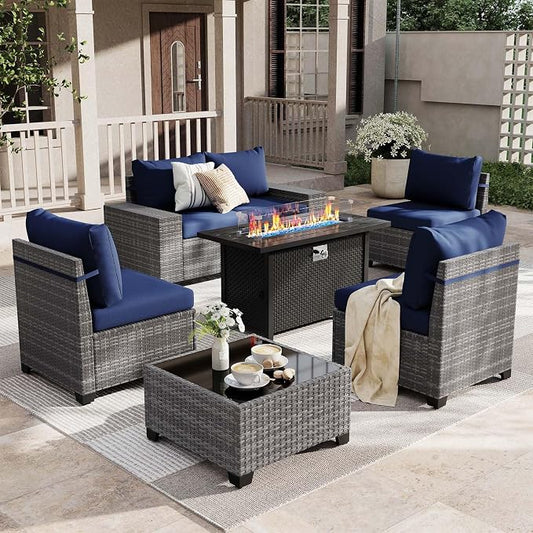 JOIVI 7 Pieces Outdoor Patio Furniture Set with 45” 50000BTU Fire Pit Table, Rattan Patio Conversation Set with Coffee Table, L-Shaped Sectional Sofa and Propane Fire Pit Set, Navy Blue