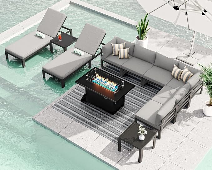 RADIATA 11 Piece Large Contemporary Aluminum Outdoor Furniture Set with Sun Bed & Fire Pit Table, 29 inch Deep Couch Set, 500 lbs High Weight Capacity, Patio Sectional Sofa for Poolside, Light Gray
