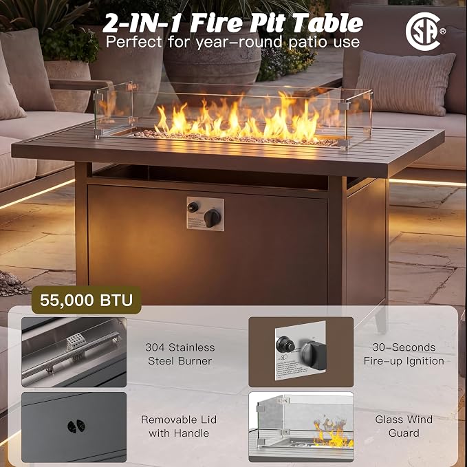Outdoor Aluminum Patio Furniture Set with 43" Fire Pit Table,7-Seat Outdoor Conversation Set with Swivel Chairs & Loveseat & Ottomans, All-Weather Patio Set for Backyard，Brown