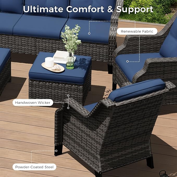 Outdoor Patio Furniture Set, 6 Piece Wicker Patio Furniture with Thick Cushions, Curved Armrest, Deep Seating, Rattan Outdoor Chairs for Porch, Deck, Balcony
