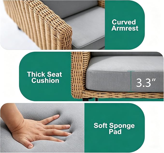 DECMICO 3-Piece Patio Furniture Set, L-Shaped Outdoor Sectional Sofa with Thick Cushions, All-Weather Rattan Conversation Set, Boho Style Detachable 3-Seater Lounger (Charcoal Grey)