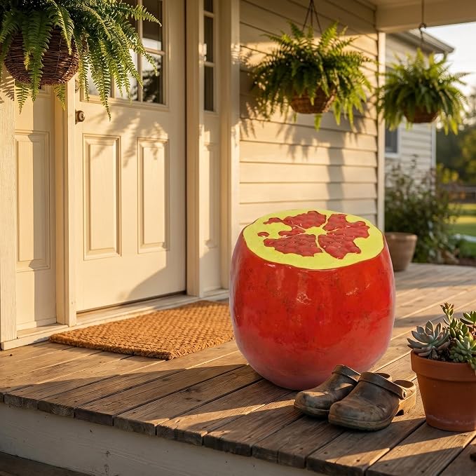 Pomegranate Fruit Stool, Resin Decorative Seat & Side Table, Indoor Outdoor Garden Patio Decor, Weather-Resistant, Multi-Purpose