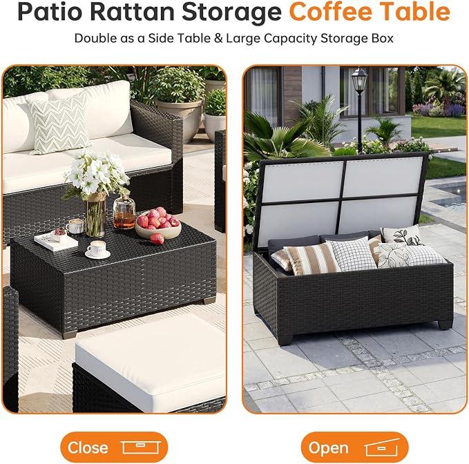 LazySunsets 7-Piece Outdoor Patio Furniture Set, Rattan Outdoor Sectional with Thick Waterproof Cushions, Wicker Ottomans & Waterproof Cover, Patio Conversation Set for Garden, Backyard, Beige