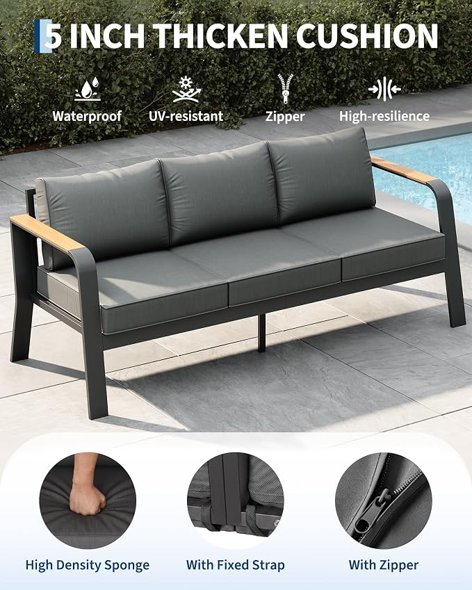 Garvee Aluminum Outdoor Patio Furniture Set with Coffee Table 5 Seats Patio Conversation Set Washable Thick Cushions All-Weather Metal Outdoor Furniture Sets for Poolside Balcony Deck, Gray