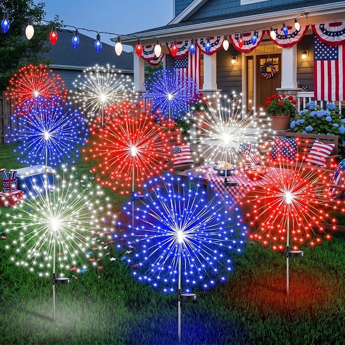 Tujoe 12 Pcs 4th of July Solar Firework Stake Lights 180 LED 8 Modes Solar Waterproof LED Sparkler Lights Outdoor Patriotic Decoration for Memorial Independence Day Garden Patio Yard(Red, Blue, White)