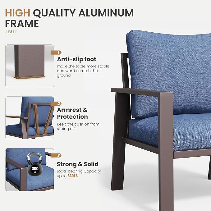 Aluminum Patio Furniture Set 5 Pieces Modern Patio Conversation Sets for Porch, Deck, Garden, 7-Seat Outdoor Furniture Metal Sofa Set with 4" Water-Resistant Cushion & Coffee Table,Navy