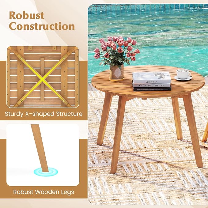Tangkula Outdoor Side Table, 24.5 Inch Acacia Wood Round Accent Bistro Patio Table with Slatted Tabletop, for Backyard, Balcony, Poolside, Garden (2)