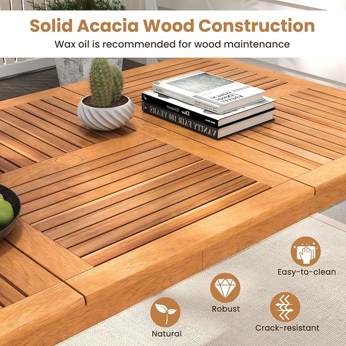 HAPPYGRILL Outdoor Acacia Wood Dining Table for 8 People, 79” x 35” Rectangular Patio Bistro Table with Built-in Umbrella Hole, Wooden Picnic Table for Porch, Garden, Backyard, Natural