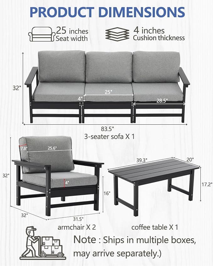 HDPE Outdoor Patio Furniture Set, 6-Piece Sofa Set with 3-Seat Couch, 2 Armchairs & Coffee Table, Weatherproof Conversation Set with Cushions, All-Weather Waterproof, for Garden, Porch & Backyard