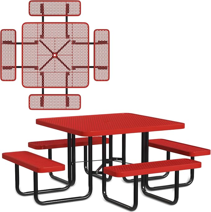 Leisure Craft Metal Picnic Table with Bench - 46" Square Outdoor Dining Table for 8 with Umbrella Hole, Weatherproof Heavy Duty Thermoplastic Coating, Commercial Grade Furniture Made in USA - Red