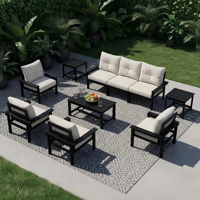 HDPE 7 Piece Patio Furniture Set, All-Weather Outdoor Couch Set with Thick Cushions & Coffee Table & Side Table, Patio Conversation Sets for Lawn, Garden, Porch, Balcony, Deck, Black & Beige