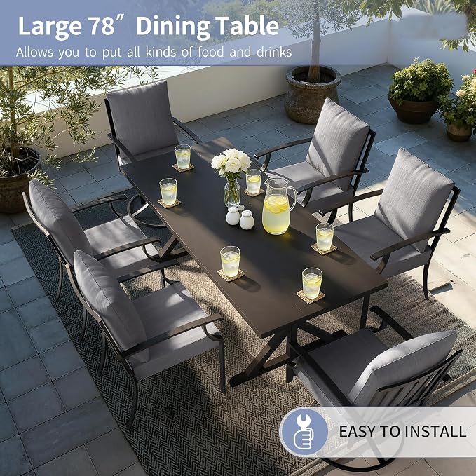 Kullavik 7 Pieces Outdoor Dining Set,Patio Dining Table and Chairs Set for 6,Fence Pattern Back Chairs with Thickened Cushions & X-Frame Metal Dining Table with Umbrella Hole for Patio,Grey