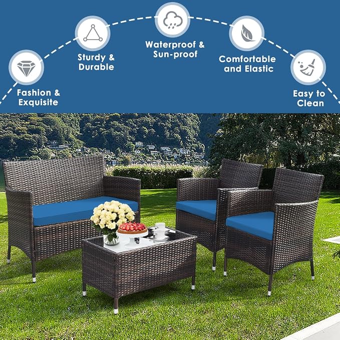 8 Pieces Patio Sofa Set, Wicker Conversation Set with Ergonomic Curved Backrest, Water-Resistant Cushion & Tempered Glass Table for Balcony, Porch (Peacock Blue)