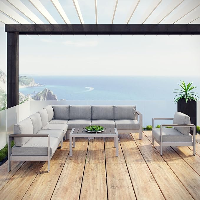 Modway Shore 7-Piece Aluminum Outdoor Patio Sectional Sofa Set in Silver Gray