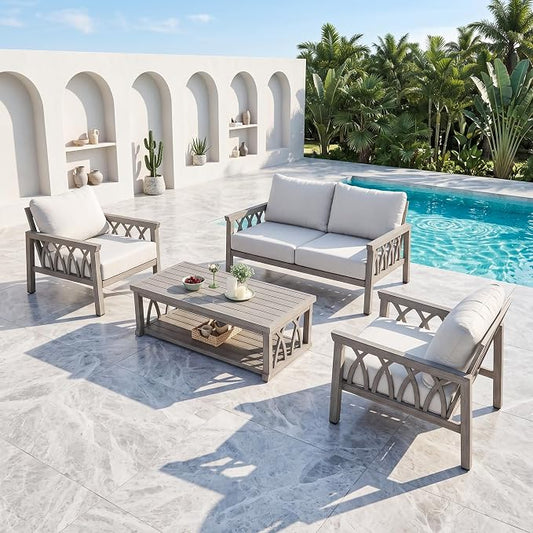 Aluminum Patio Conversation Set, 4-Piece Outdoor Sofa Set with Loveseat, 2 Armchairs, and Coffee Table, Outdoor Patio Furniture Set with Thick Cushions for Backyard, Balcony, Lawn, Limed Oak