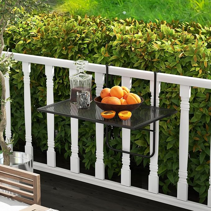 HAPPYGRILL Balcony Hanging Table for Railing, Outdoor Metal Folding Deck Bar Table with Adjustable Hooks, Black