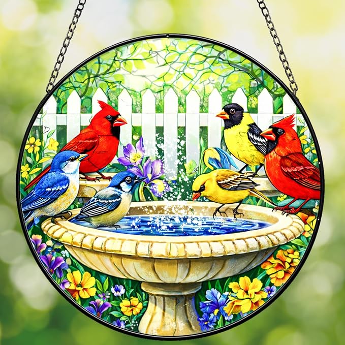 Stained Glass Window Hanging - Colorful Garden Birds Suncatcher for Windows Doors Home Decor, Cardinal Birds Flowers Sun Catcher Gift for Bird Lovers Women Christmas Mother's Day Birthday 7.8 in