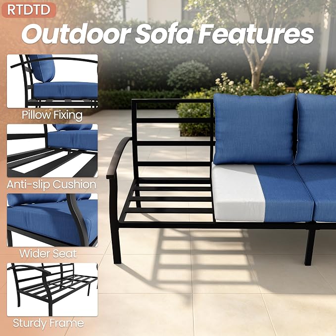 Metal Patio Furniture Set,6 Pieces 8 Seats Patio Sectional Outdoor Furniture Set with 2 Rectangular Coffee Tables,Patio Conversation Sets with 5.1" Thickened Cushions,Navy Blue