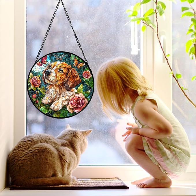 DASTOLL Stained Glass Window Hanging, Dog and Rose Suncatcher for Doors Home Butterfly Sun Catchers Decoration and Christmas, Mother's Day Birthday Gifts for Women, Men, and Mom 6.3 in