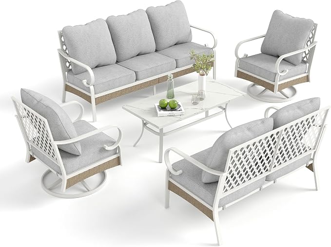 MIXPATIO 5 Piece Patio Furniture Set, 2 x Swivel Chair, 1 x 2-Seat Sofa, 1 x 3-Seat Sofa with Marbling Coffee Table, 7 Seats Outdoor Conversation Set for Lawn Garden Backyard, Light Gray